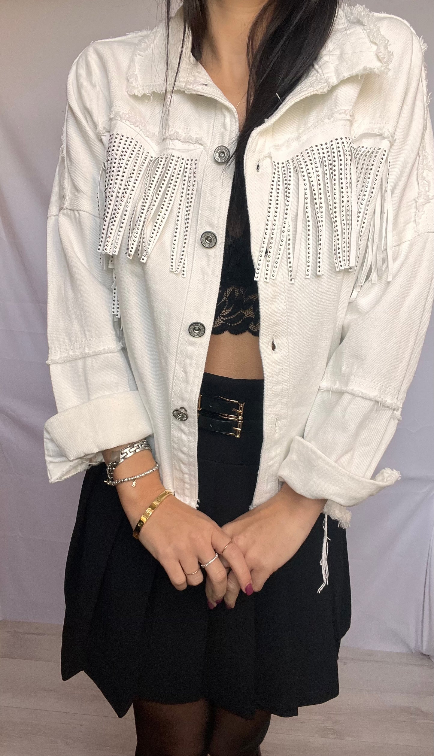 Giacca in cotone con frange di strass