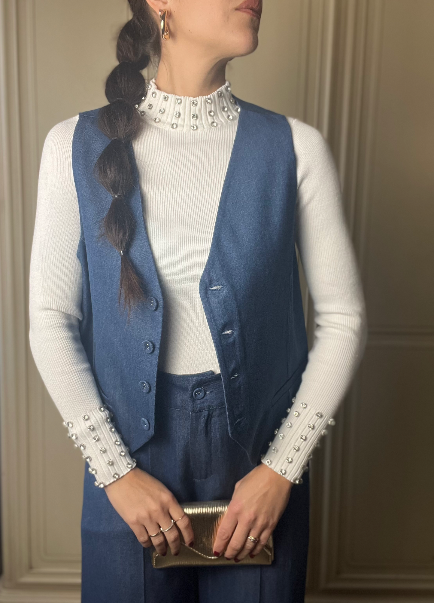 Gilet simil jeans con bottoni frontali