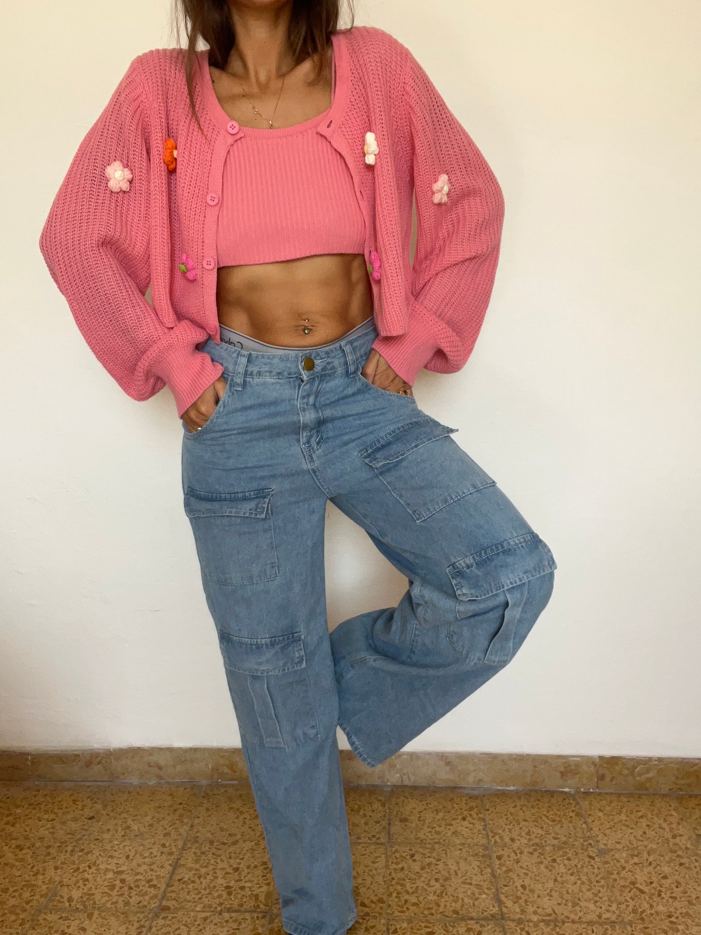 JS02-Jeans cargo a vita media