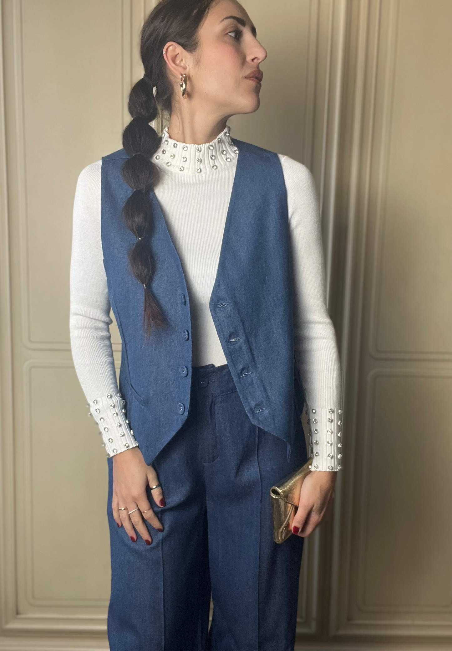 Gilet simil jeans con bottoni frontali
