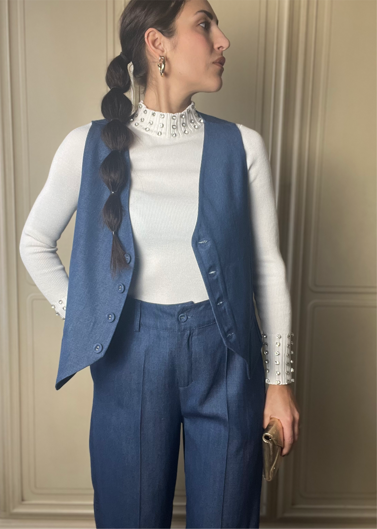 Gilet simil jeans con bottoni frontali