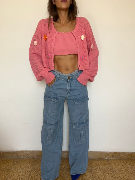 JS02-Jeans cargo a vita media