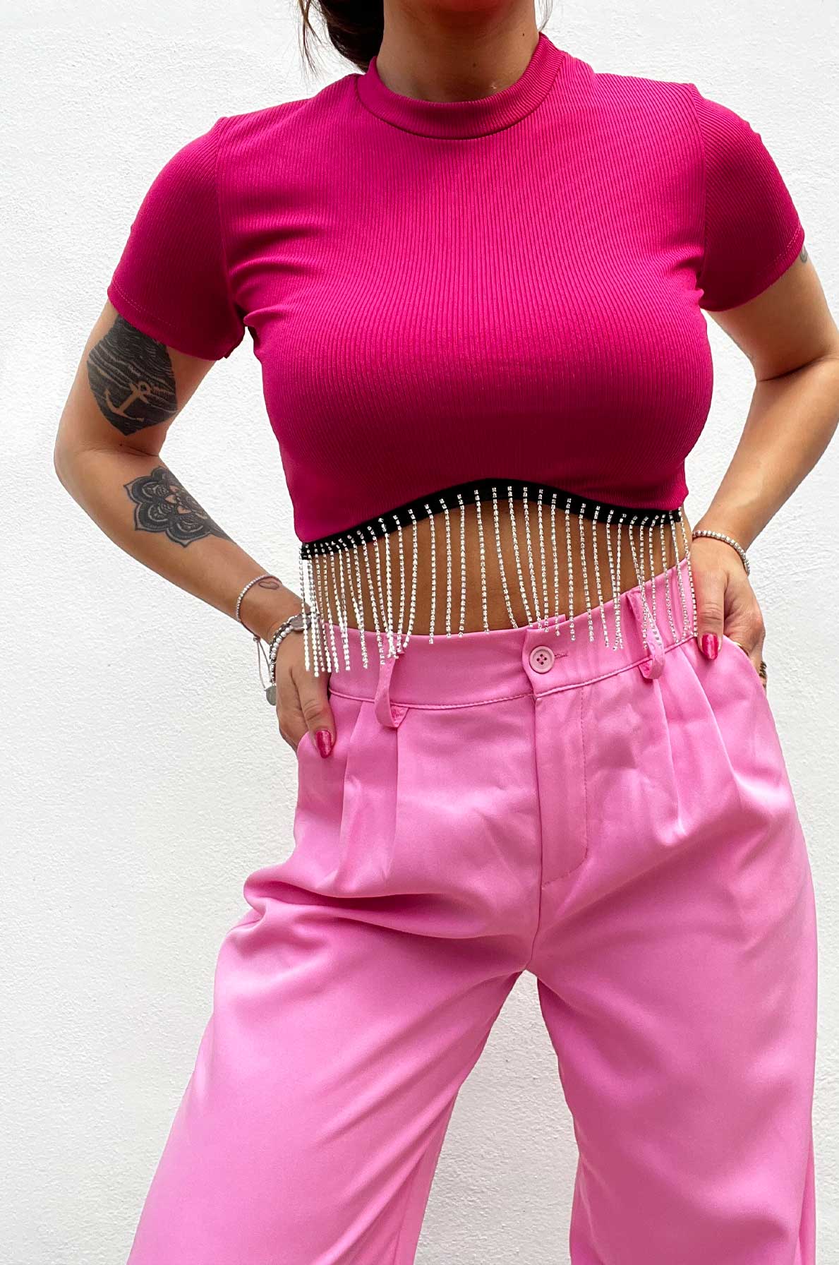T-shirt con frange di strass “Lillà”