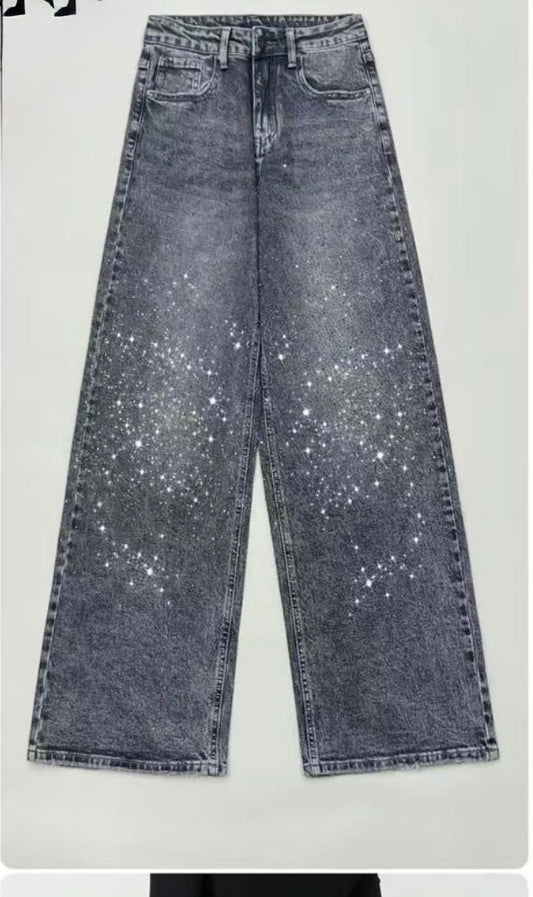 JS07- Jeans wide leg con brillantini